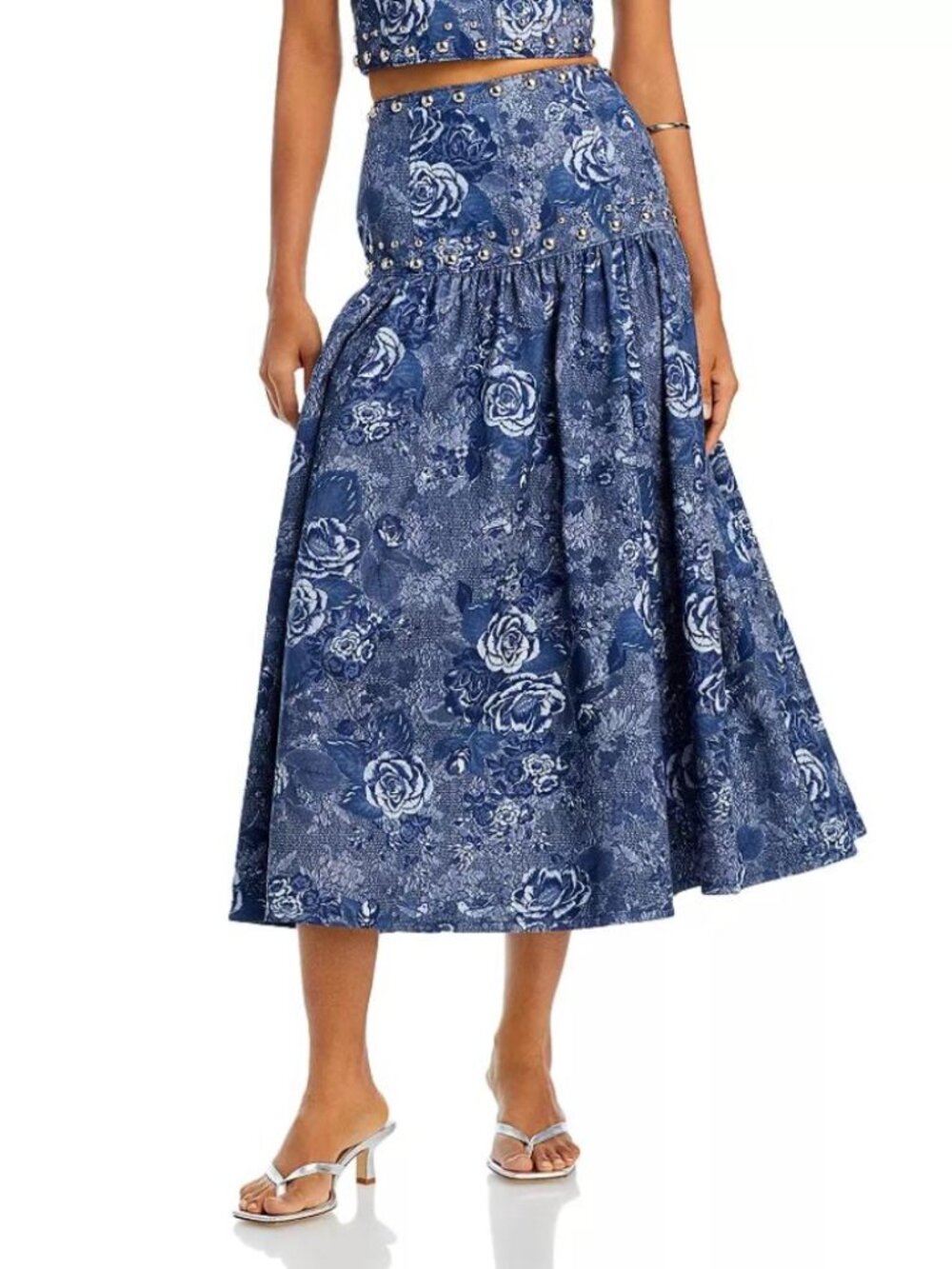 Cinq à Sept Maia Midi Studded Skirt blue chambray floral fitted waist pleated 6
